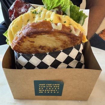 Just Cuz Cafe - Eggceptional Sandwich with bacon - Cafes Near Me - Lacey, Washington Just Cuz Cafe - Eggceptional Sandwich with bacon - Cafes Near Me - Lacey, Washington