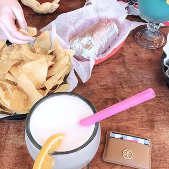 Plaza Mexican Grill - Pina colada Margarita and #14. Chicken Burrito with Chips and Salsa - Mexican Near Me - Columbus, Ohio