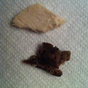 Boloco - The lower piece is supposedly "white chicken meat" from my burrito. The upper piece is actual white chicken meat from my fridge... - New American Near Me - Hanover, New Hampshire