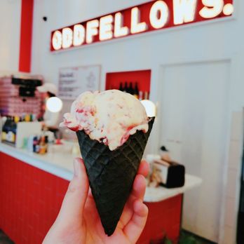 OddFellows Ice Cream Co. - Olive Oil + Strawberry Jam with Dark Chocolate Cone ($6) - Ice Cream & Frozen Yogurt Near Me - Brooklyn, New York OddFellows Ice Cream Co. - Olive Oil + Strawberry Jam with Dark Chocolate Cone ($6) - Ice Cream & Frozen Yogurt Near Me - Brooklyn, New York