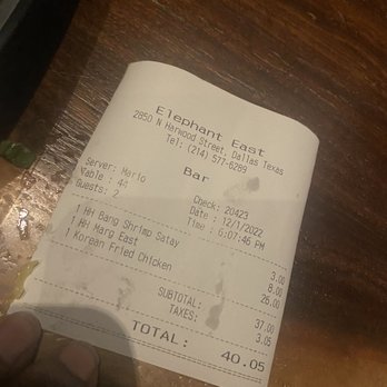 Elephant East - Receipt /pricing - Pan Asian Near Me - Dallas, Texas