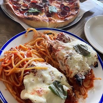 Noble Crust - Pepperoni pizza and Chicken Fried Chicken Parm with spaghetti - Italian Near Me - Wesley Chapel, Florida