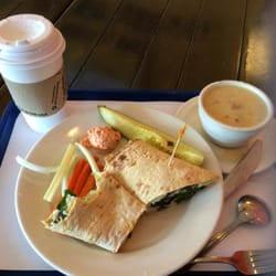 Not By Bread Alone - Cheesy artichoke wrap with vegetables and a cup of cabbage soup