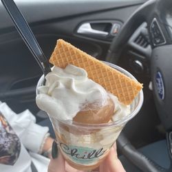 Chillz - Topped with vanilla wafer cookie two mini fresh hot doughnuts whip cream and caramel