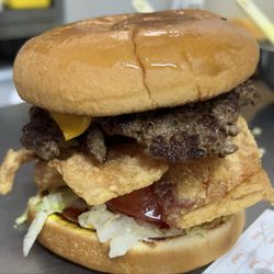 Bevo's Drive In - Bacon burger made with chicken fried bacon