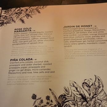 BarChef - Menu - A menu page with detailed descriptions of cocktails and infusions, decorated with black botanical illustrations at the bottom and left side. - Lounges Near Me - Toronto, Ontario