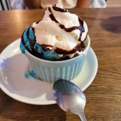 Lava cake with blue panda ice cream.