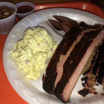 Midway Bar-B-Que - 2 meat plate. Sample of Jalapeño Cheese sausage. Brisket (Lean), Ribs, potato salad, pinto beans. BBQ sauce on the side. - Barbeque Near Me - Katy, Texas Midway Bar-B-Que - 2 meat plate. Sample of Jalapeño Cheese sausage. Brisket (Lean), Ribs, potato salad, pinto beans. BBQ sauce on the side. - Barbeque Near Me - Katy, Texas
