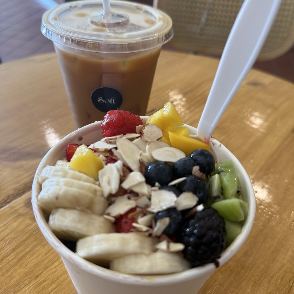 Soft Cafe - Acai bowl with a cold brew coffee (splash oat milk and vanilla) - Coffee & Tea Near Me - Hawthorne, California Soft Cafe - Acai bowl with a cold brew coffee (splash oat milk and vanilla) - Coffee & Tea Near Me - Hawthorne, California