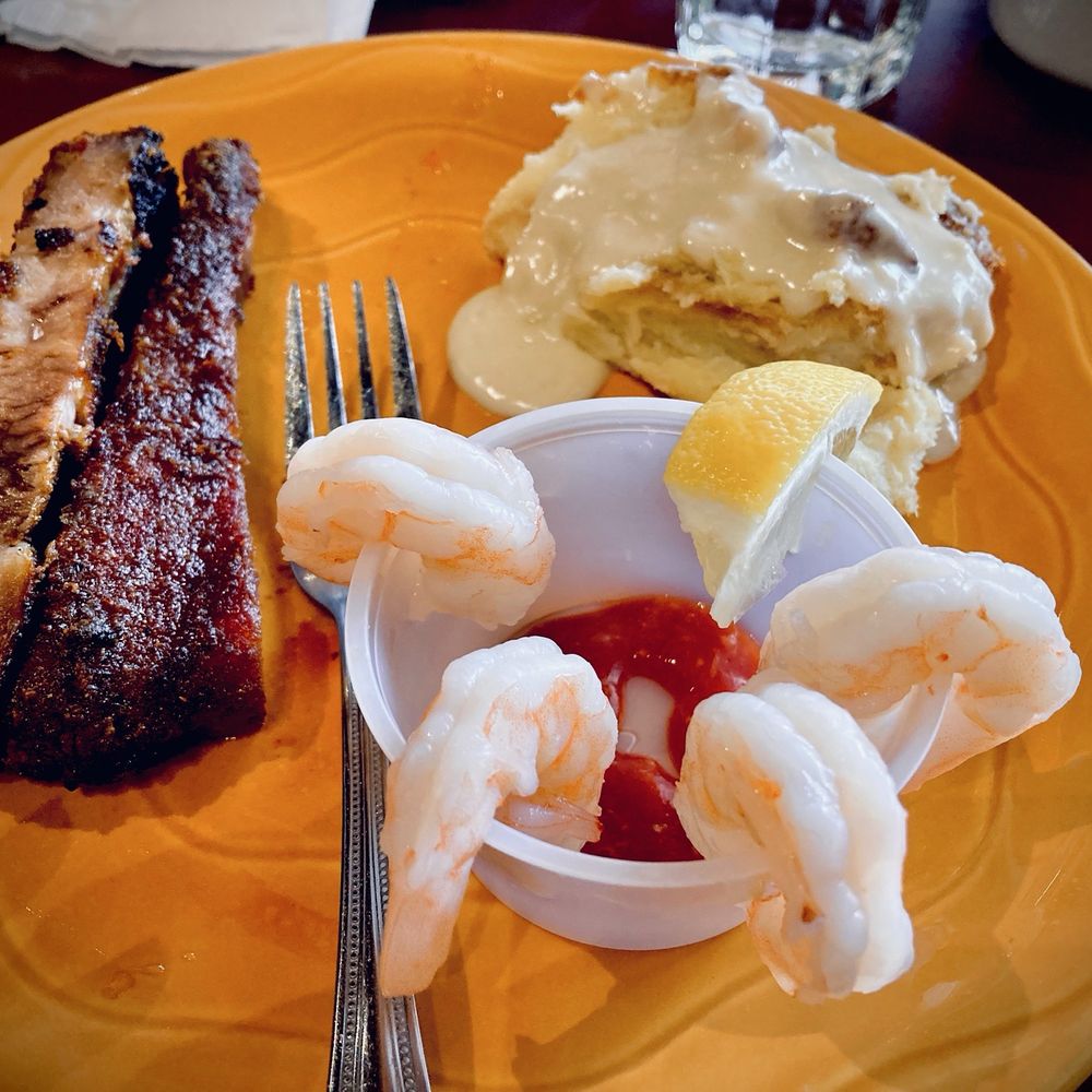 Branding Iron Cafe - Ribs, shrimp cocktail and bread pudding with vanilla sauce - Mexican Near Me - Reno, Nevada