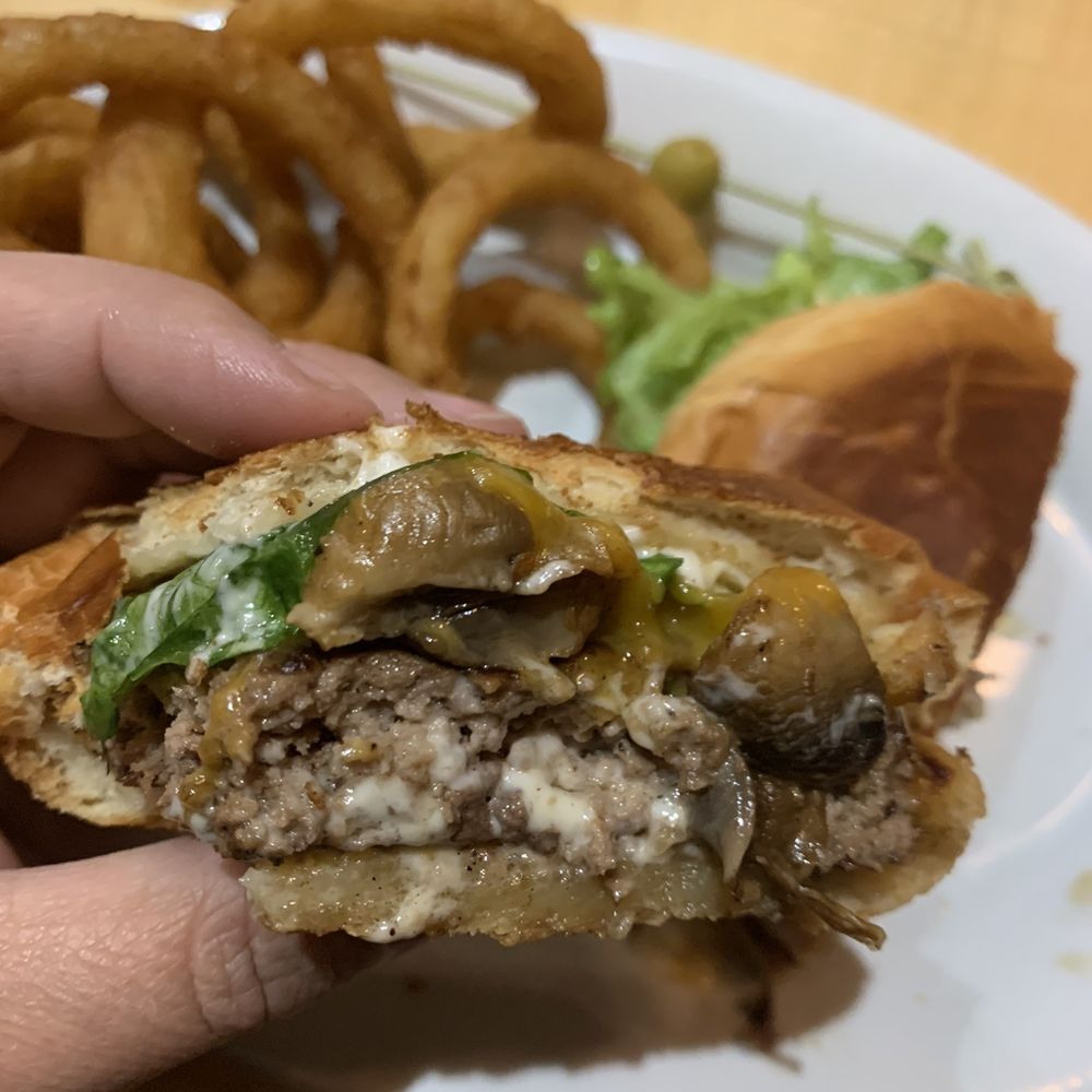 Truffle Mushroom Burger and onion rings Truffle Mushroom Burger and onion rings