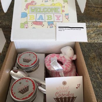 Wicked Good Cupcakes - Great gift idea the parents AND baby can enjoy. Includes personalized note. 2 cupcakes + pink rattle & teeth blanket. $29.95 + S/H - Bakeries Near Me Wicked Good Cupcakes - Great gift idea the parents AND baby can enjoy. Includes personalized note. 2 cupcakes + pink rattle & teeth blanket. $29.95 + S/H - Bakeries Near Me