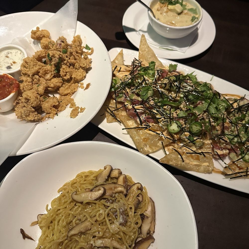 Fried Calamari, Shiitake Garlic Noodles, Poke Nachos, Chicken Tortilla Soup