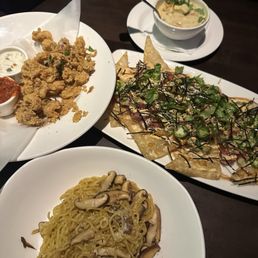 Fried Calamari, Shiitake Garlic Noodles, Poke Nachos, Chicken Tortilla Soup