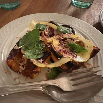 Homer - Honey nut squash with dried rose, cherry miso, cultured cream, hazelnuts, buckwheat (my favorite of the night) - Mediterranean Near Me - Seattle, Washington