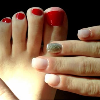 You Got Nails - A hot red pedi for me and tips with lilac and a glitter accent nail for my friend! - Nail Salons Near Me - Fairfield, Connecticut