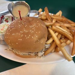 Cedar House - Turkey burger platter with fries coleslaw, cranberry sauce and gravy.