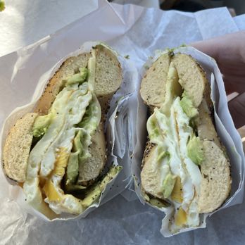 NY Bagel Factory - Everything bagel lightly toasted with egg, American cheese, and avocado - Bagels Near Me - Newton, Massachusetts