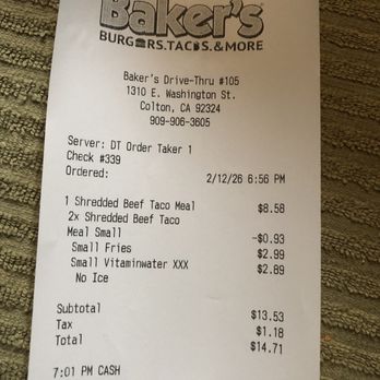Baker's Drive-Thru - Receipt for proof of order - Burgers Near Me - Colton, California Baker's Drive-Thru - Receipt for proof of order - Burgers Near Me - Colton, California