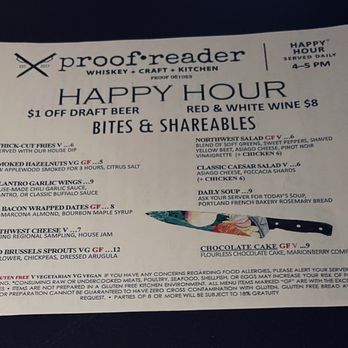 Proof Reader Whiskey + Craft + Kitchen - Happy Hour menu - Whiskey Bars Near Me - Portland, Oregon Proof Reader Whiskey + Craft + Kitchen - Happy Hour menu - Whiskey Bars Near Me - Portland, Oregon