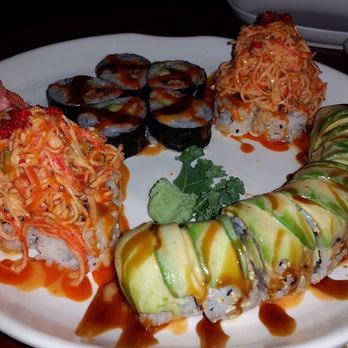 Aka Sushi - The New Volcano Roll (that's spicy crab on top, not noodles), the MK Roll, and the Kenny Roll. All were delicious. The NVR is spicy hot! - Sushi Bars Near Me - Bristow, Virginia
