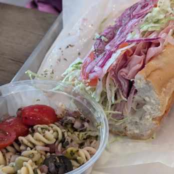 Nicky's Undefeated - Italian hoagie "Philly Way" regular bun + pasta salad - Cheesesteaks Near Me - Tucker, Georgia
