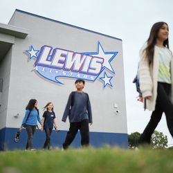 Lewis Elementary School - The two-story classroom building at Lewis Elementary School.