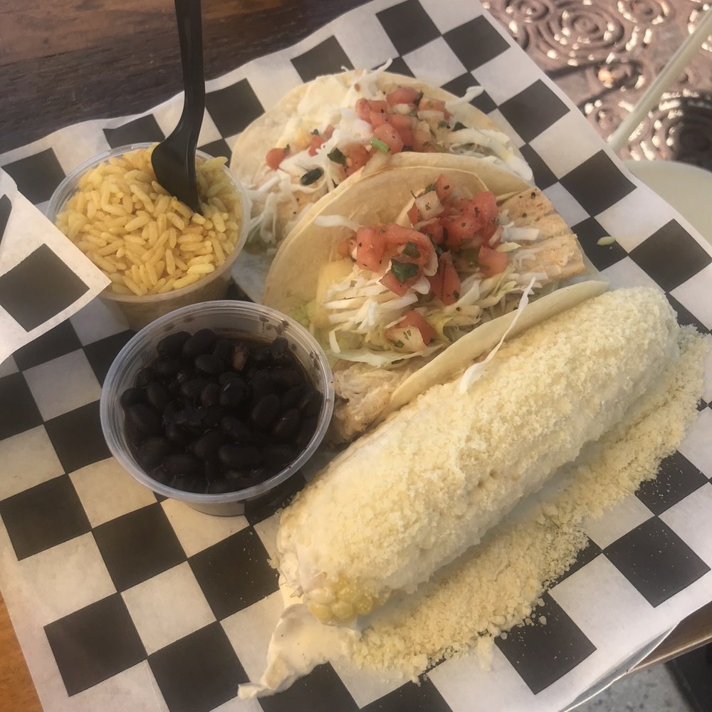 Taco Station - Mahi taco platter. Comes with rice, black beans, and the beautiful corn - Mexican Near Me - Pompano Beach, Florida Taco Station - Mahi taco platter. Comes with rice, black beans, and the beautiful corn - Mexican Near Me - Pompano Beach, Florida