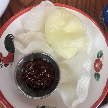 Fish Cheeks - Complimentary rice chips with chilli sauce - Thai Near Me - Brooklyn, New York Fish Cheeks - Complimentary rice chips with chilli sauce - Thai Near Me - Brooklyn, New York