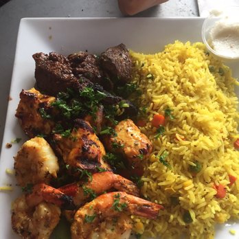 Jasmine Grill - Mix Kabob - shrimp chicken and beef with a side of yellow rice - Mediterranean Near Me - Charlotte, North Carolina Jasmine Grill - Mix Kabob - shrimp chicken and beef with a side of yellow rice - Mediterranean Near Me - Charlotte, North Carolina