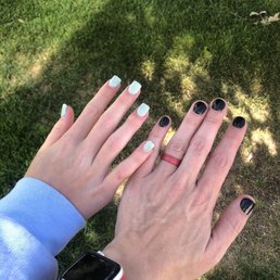 Dip powder on natural nails (black) and colored acrylic over tips (green) Michael is AWESOME Dip powder on natural nails (black) and colored acrylic over tips (green) Michael is AWESOME