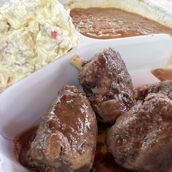 Serious Food - Jamaican Jerk Pork Wings with potato salad and baked beans