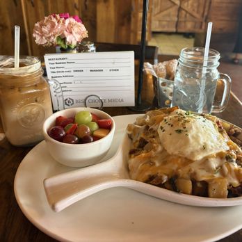 Eggstravaganza Cafe - This is the egg hash and lavender vanilla latte - Breakfast & Brunch Near Me - Antioch, Tennessee