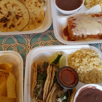 El Guanaco - Chicken and bean, and beef and cheese papusas, chicken chimichanga dinner,  and steak taco dinner. We couldn't agree on what was best - Mexican Near Me - Troy, Michigan