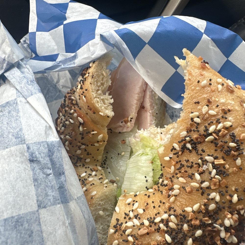 Chewish Deli - Everything bagel with jalapeño cheddar spread, turkey, and lettuce. - Bagels Near Me - Alexandria, Virginia Chewish Deli - Everything bagel with jalapeño cheddar spread, turkey, and lettuce. - Bagels Near Me - Alexandria, Virginia