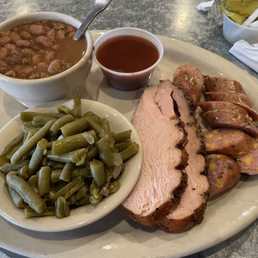 Double meat plate with turkey, jalapeno sausage, pinto beans, and green beans.