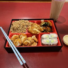 Shrimp bento box with brown sugar boba tea.