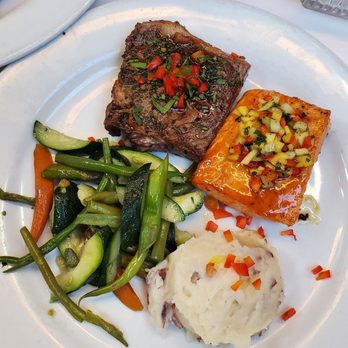 El Paseo Restaurant - Main meal with salmon, steak, mashed potatoes, veggies - Mexican Near Me - Santa Barbara, California El Paseo Restaurant - Main meal with salmon, steak, mashed potatoes, veggies - Mexican Near Me - Santa Barbara, California