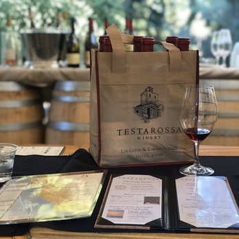 Testarossa Winery - Wine pick up bag, wine tasting menu at new outside tasting room (tent). - Wineries Near Me - Los Gatos, California Testarossa Winery - Wine pick up bag, wine tasting menu at new outside tasting room (tent). - Wineries Near Me - Los Gatos, California