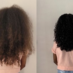 Curly dry hair with no product in the first pic.   Curly hair cut, complete with product in the second pic....final result by Amburlee.