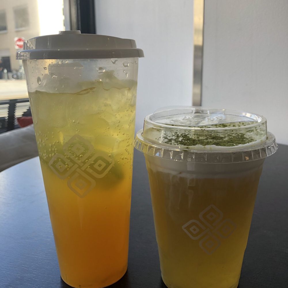 Prolece Tea - Left: mango sparkler (after 1 sip was taken); right; peach oolong cheese tea with a very thin layer of cheese foam :( - Bubble Tea Near Me - Pasadena, California