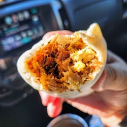 Brisket, egg and cheese breakfast taco.