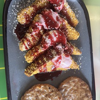 The Dor-Stop Restaurant - Raspberry French Toast and sausage. The bread was dipped in something that added to the crunch. - Breakfast & Brunch Near Me - Pittsburgh, Pennsylvania The Dor-Stop Restaurant - Raspberry French Toast and sausage. The bread was dipped in something that added to the crunch. - Breakfast & Brunch Near Me - Pittsburgh, Pennsylvania