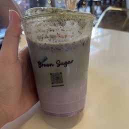 Iced raspberry, blueberry, vanilla matcha with whole milk