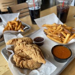 5PC CHICKEN STRIP COMBO - Season Fries, BBQ Sauce & Peanut Sauce 5PC CHICKEN STRIP COMBO - Season Fries, BBQ Sauce & Peanut Sauce