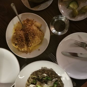 Pichet - Mushroom risotto (bottom), miso butter cauliflower, butternut squash soup with gluten free bread - Brasseries Near Me - Dublin, D
