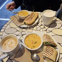 The Wired Monk Coffee Bistro - Thai chicken soup and sandwich combo, with a cappuccino and London fog