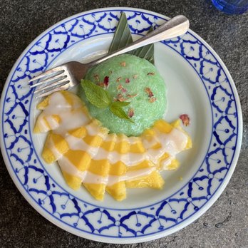 Pineapple Thai - mango sticky rice- the rice is pandan flavored and it was soooo good. best part of our meal and so pretty too!! - Thai Near Me - Cupertino, California Pineapple Thai - mango sticky rice- the rice is pandan flavored and it was soooo good. best part of our meal and so pretty too!! - Thai Near Me - Cupertino, California