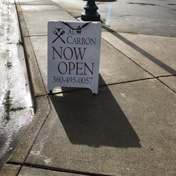 Al Carbon - Sidewalk sign with phone number - Seafood Near Me - McCleary, Washington Al Carbon - Sidewalk sign with phone number - Seafood Near Me - McCleary, Washington