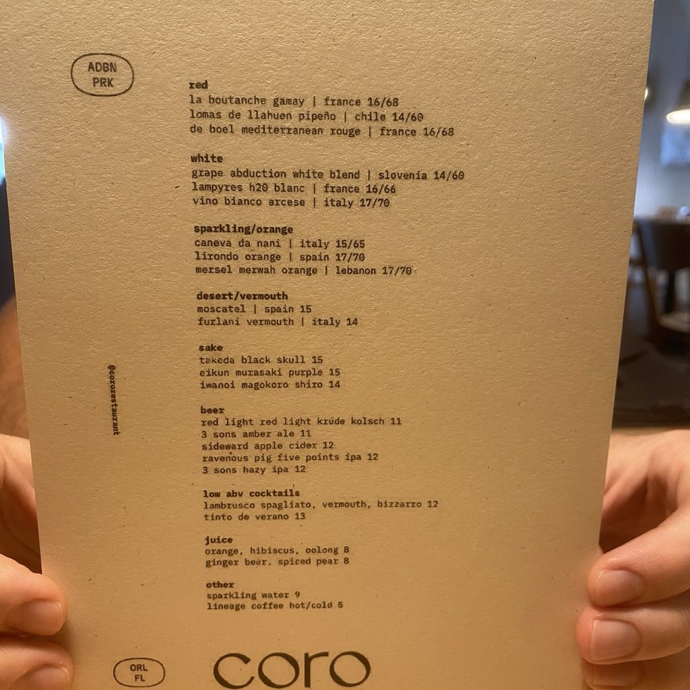 Coro Restaurant - Wine & beer menu - servers/chefs are extremely knowledgeable, so ask for recommendations & samples - Tapas/Small Plates Near Me - Orlando, Florida Coro Restaurant - Wine & beer menu - servers/chefs are extremely knowledgeable, so ask for recommendations & samples - Tapas/Small Plates Near Me - Orlando, Florida